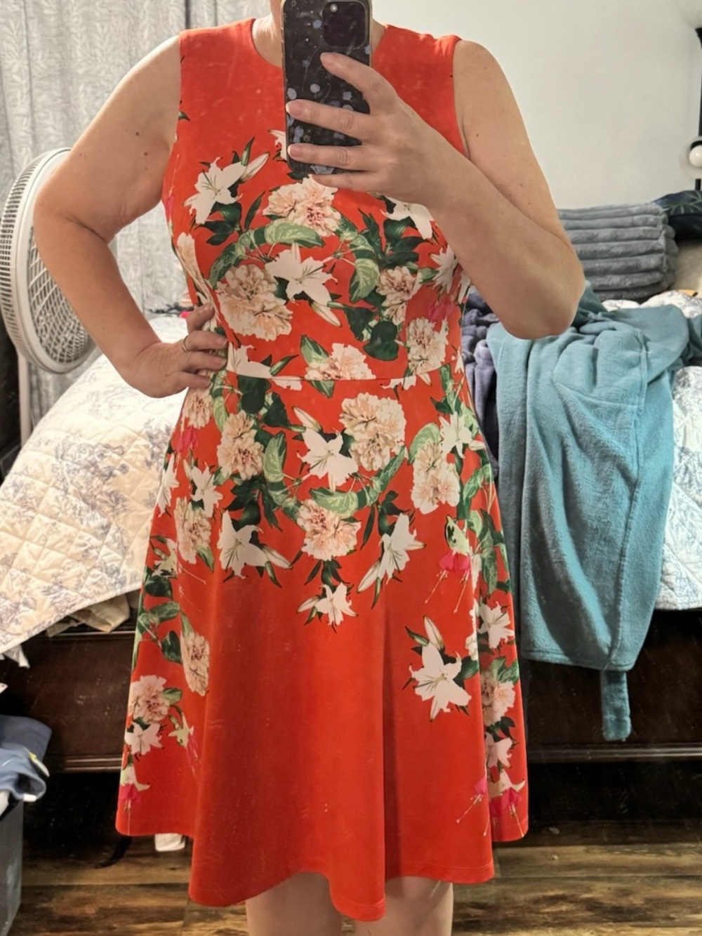 New York & Company Women’s Orange White Green Lily Floral Dress - Size Large